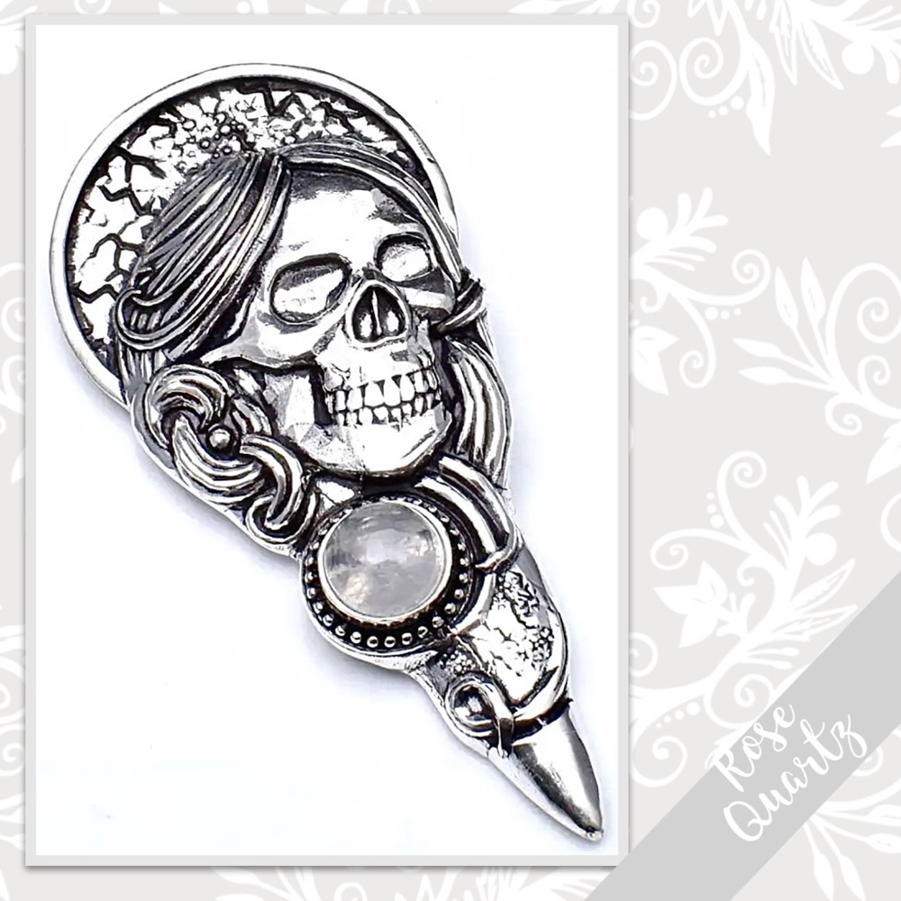 Rose Quartz Dia de Los Muertos Woman’s Skull Silver Artisan Pendant 3.1” (Pink)